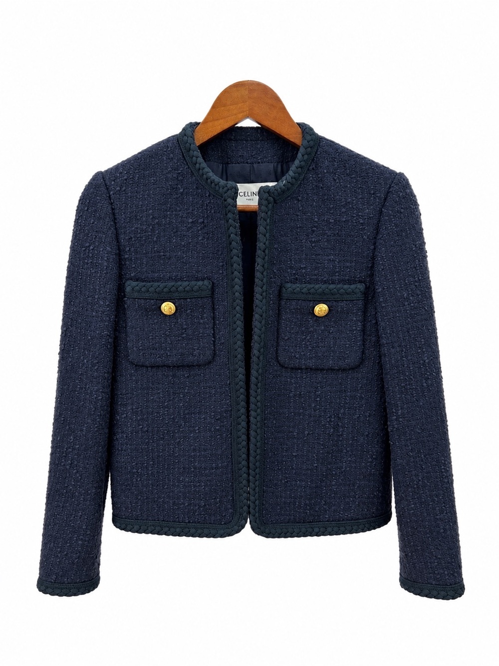 Celine Navy Bouclé Braided-Trim Jacket with Gold Buttons